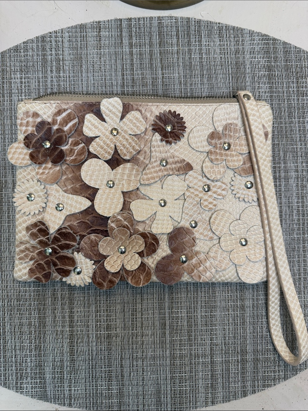 Floral Appliqué Wristlet Clutch in Beige and Brown
